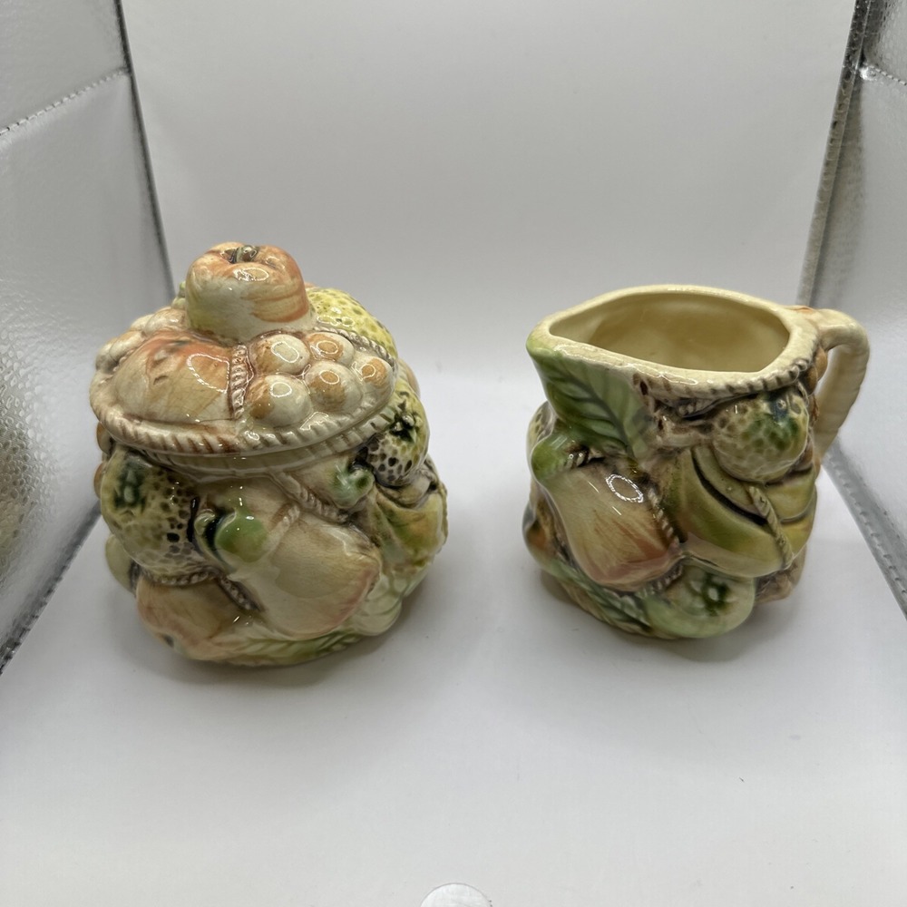 MCM Ceramic Glazed Sugar‎ Bowl And Creamer Fruit Theme pottery Cottagecore